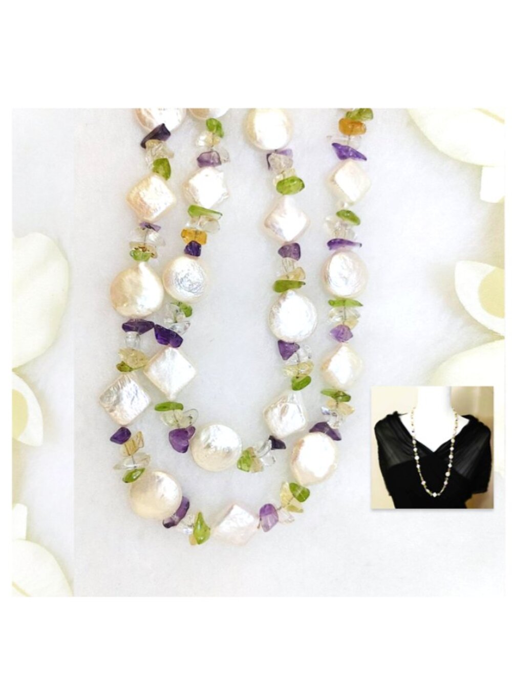 Necklace Genuine White FW Pearls Amethyst Period Citrine Gemstones Clasp 28" L